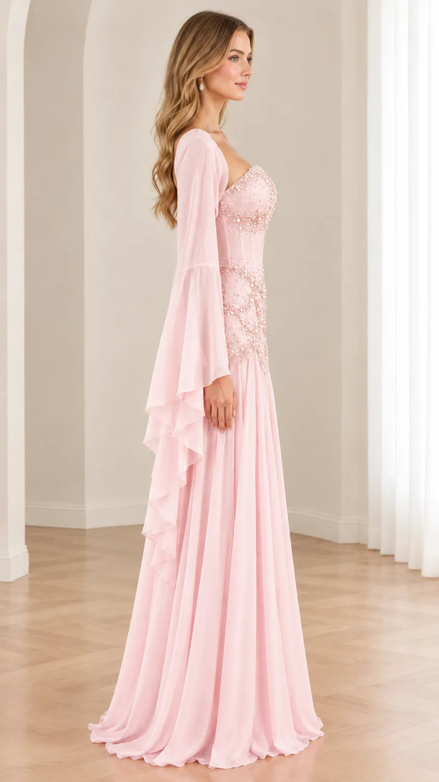 Beaded Corset Evening Gown with Sheer Bell Sleeve Shrug