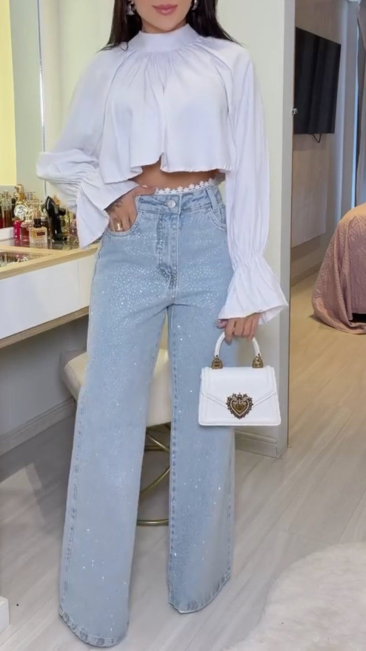 Ruffle Crop Blouse & Crystal Wide-Leg Jeans Set