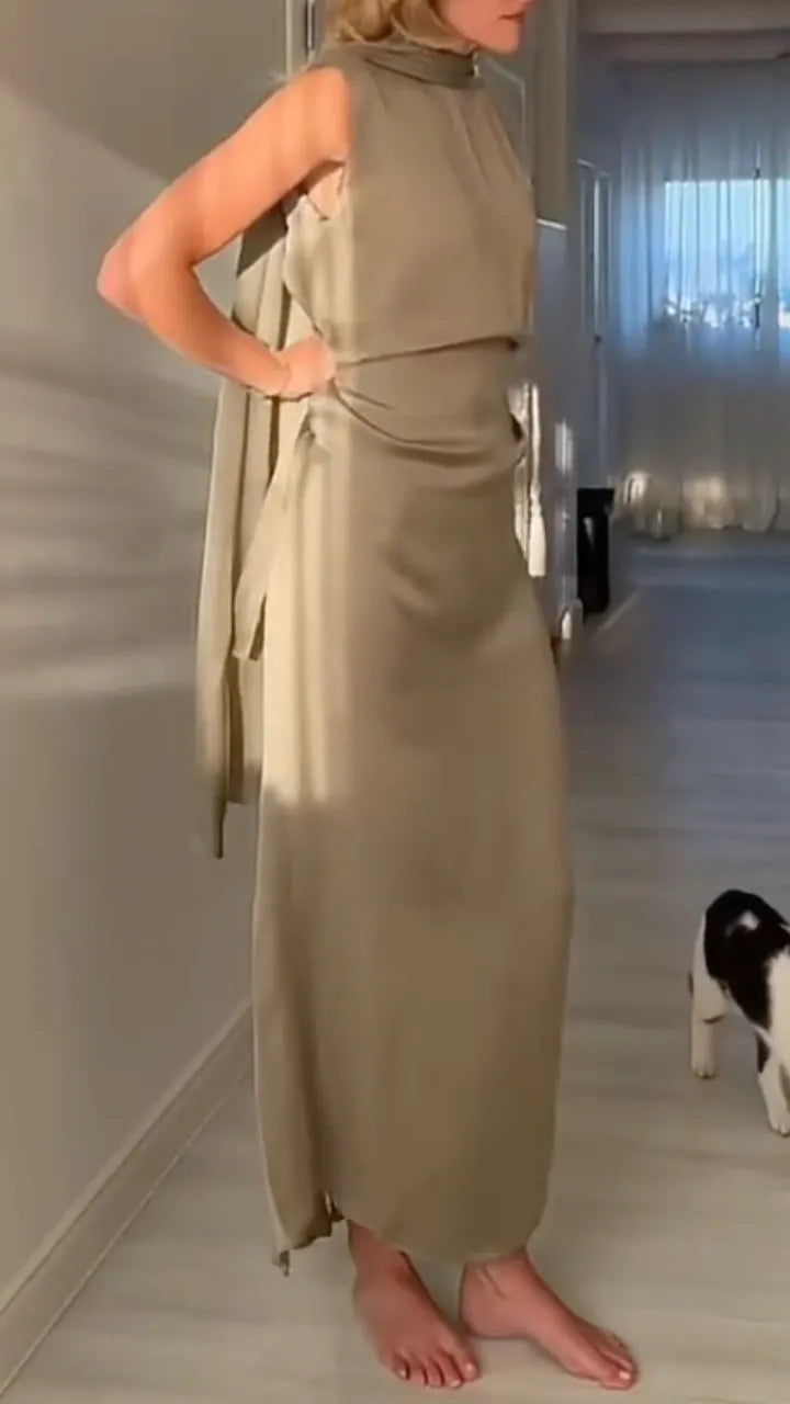 Taupe Satin Sleeveless Cowl Neck Midi Dress