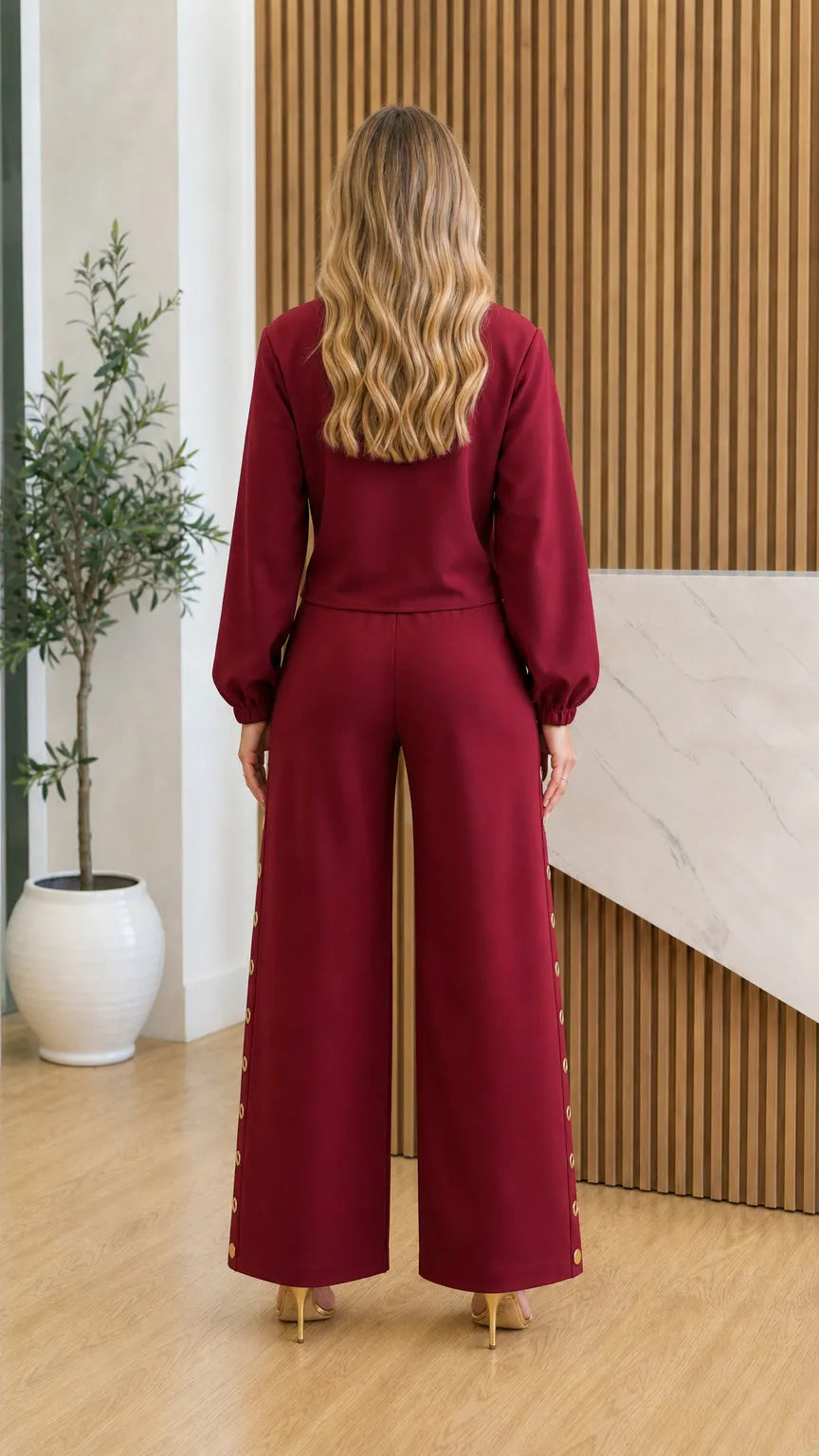 Chic Stand Collar Top and Wide-Leg Pants Set with Gold-Tone Accents