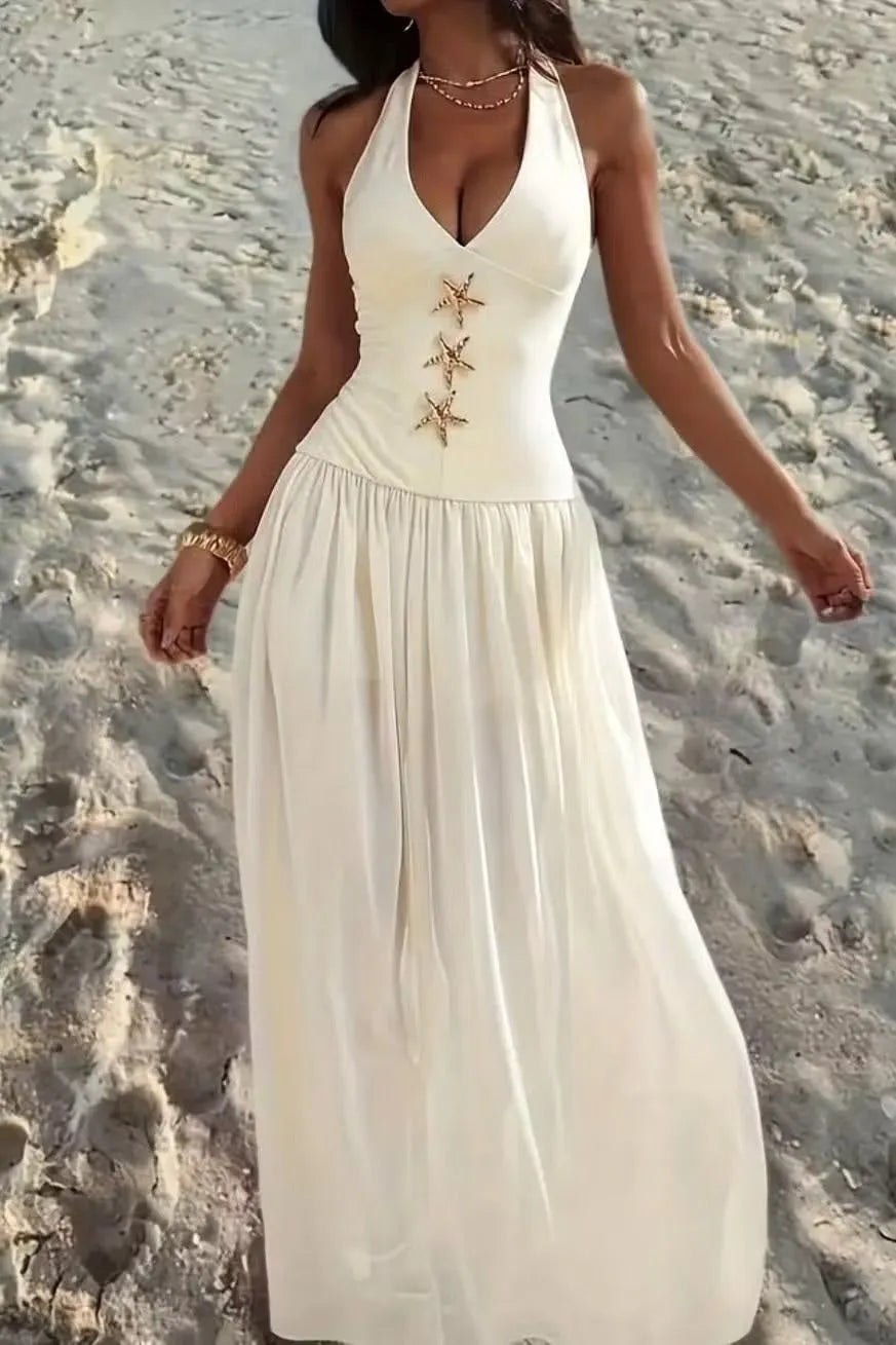 Cocoslly Halter V-Neck Sleeveless High Waist Long Prom Dress With Rhinstone | Ivory Chiffon XJ0755