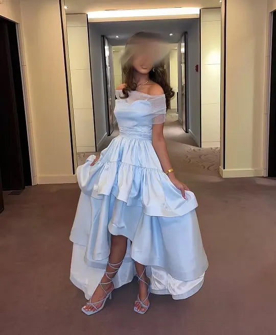 Cocoslly Off-The-Shoulder Sleeveless High Waist Long Prom Dress With Ruffles | Baby Blue Satin ZT0725