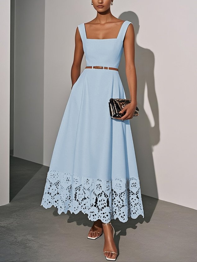 Light Blue Lace Classic Square Neck Sleeveless A-Line Maxi Dress