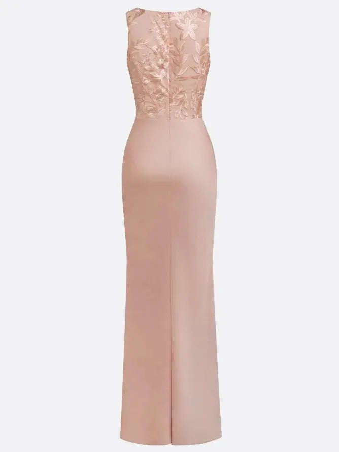 Light Pink Embroidery Satin Crew Neck Sleeveless Sheath Gown Dress