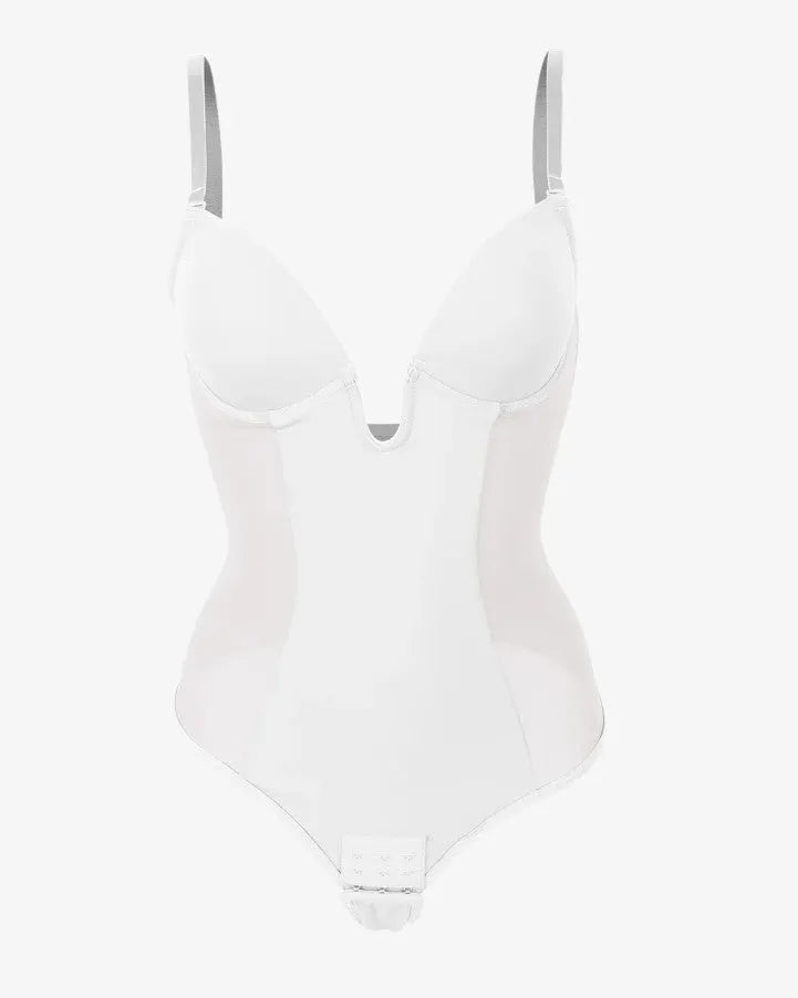 Sexy Plunge Neck Backless Mesh Panel Shapewear Thong Bodysuit