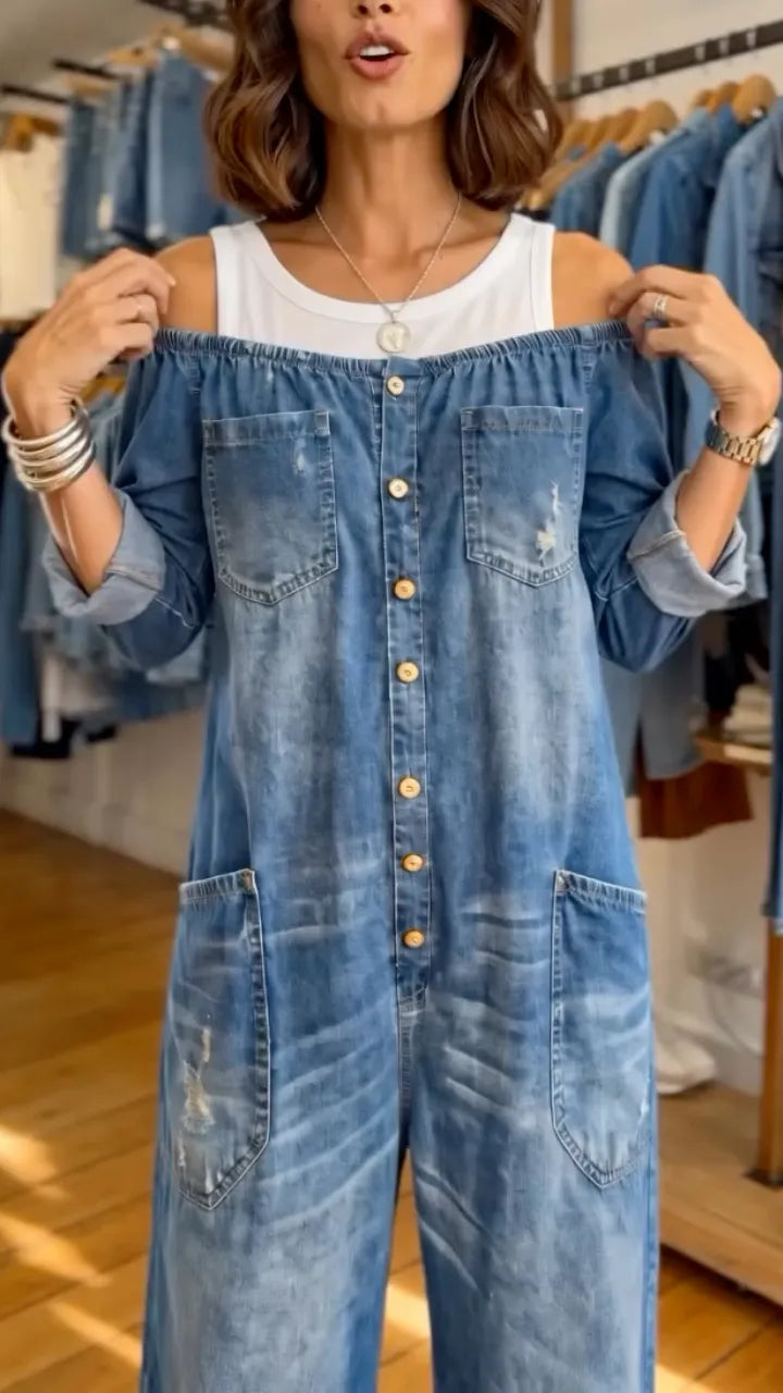 Women's - Faux Two-Piece Denim Jumpsuit