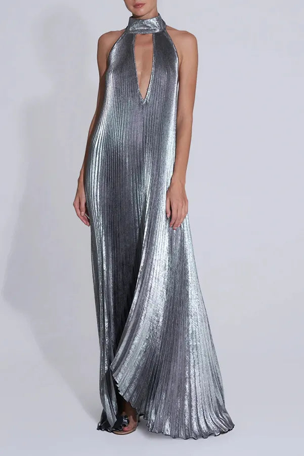 Celebration Party Pleated Metallic Fabric High Deep V-cutout Halter Neck A-line Maxi Dress