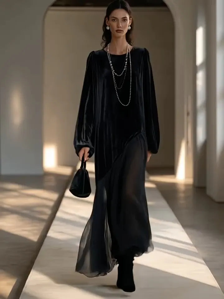 Black Velvet Chiffon Patchwork Long Sleeve Maxi Dress