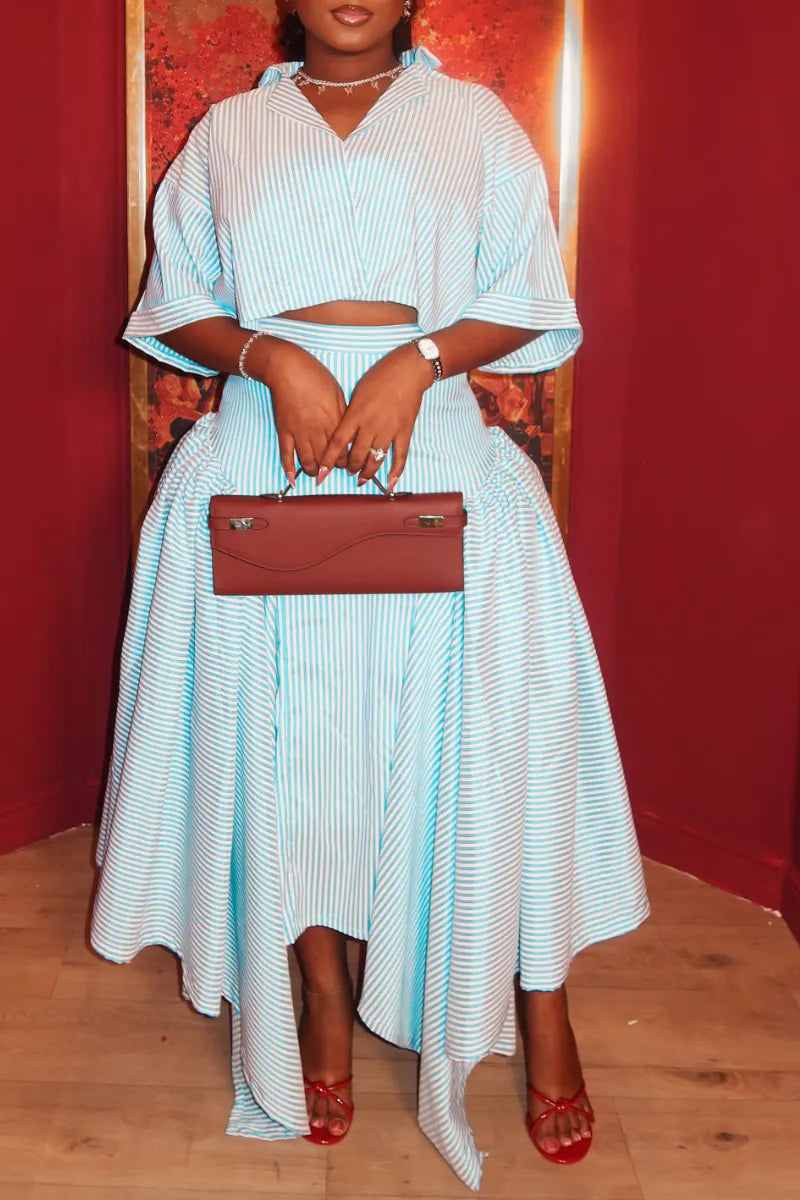 Stripe Cropped Shirt & Asymmetrical Maxi Skirt Two‑Piece Set