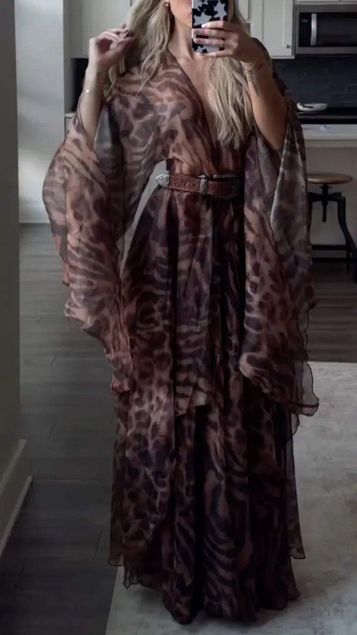 Brown Leopard Print Chiffon Wrap Maxi Dress