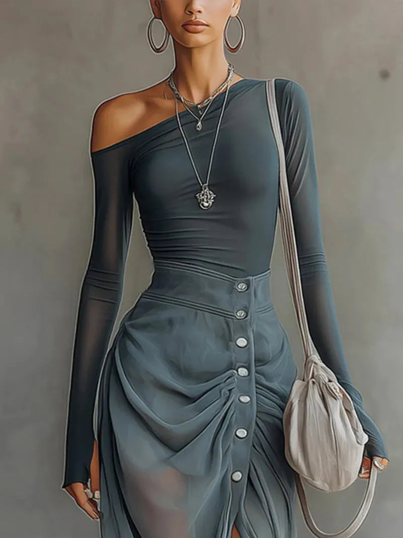Blue chiffon stretch off-shoulder slit maxi dress