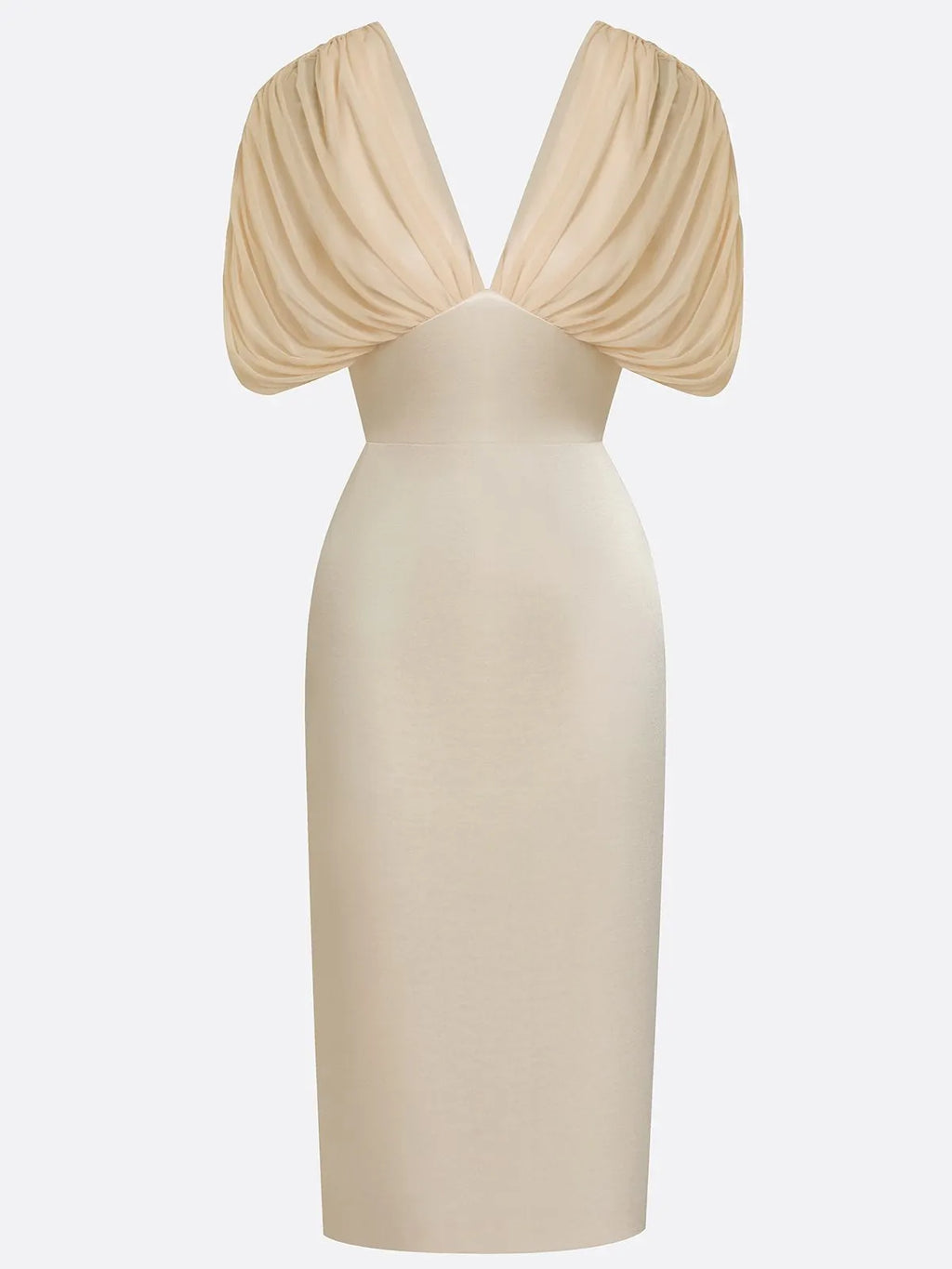 Champagne Ruched Satin V Neck Short Sleeve Raglan Sleeves Sheath Midi Dress