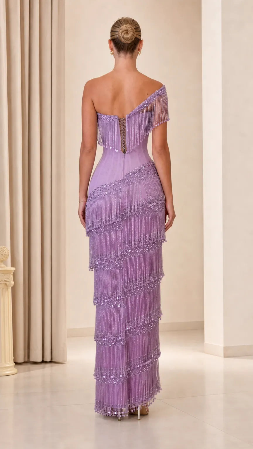 One-Shoulder Beaded Fringe Corset Evening Gown