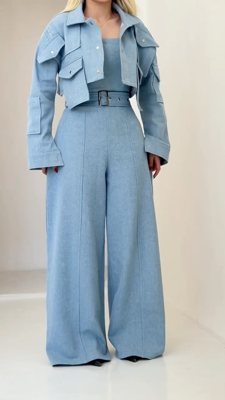 Belted Jumpsuit & Cropped Utility Jacket Set