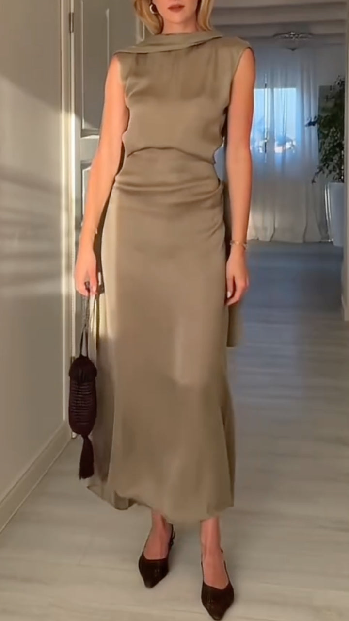 Taupe Satin Sleeveless Cowl Neck Midi Dress