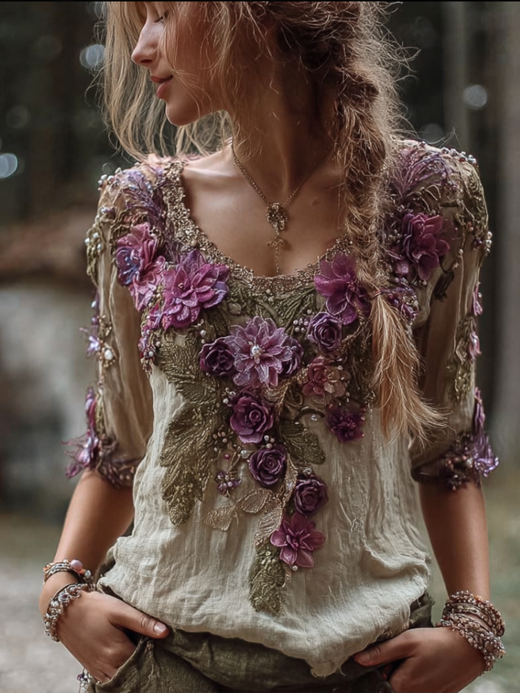Bohemian Style Round Neck Long Sleeve 3d Purple Flower Design Cotton And Linen Top For Women