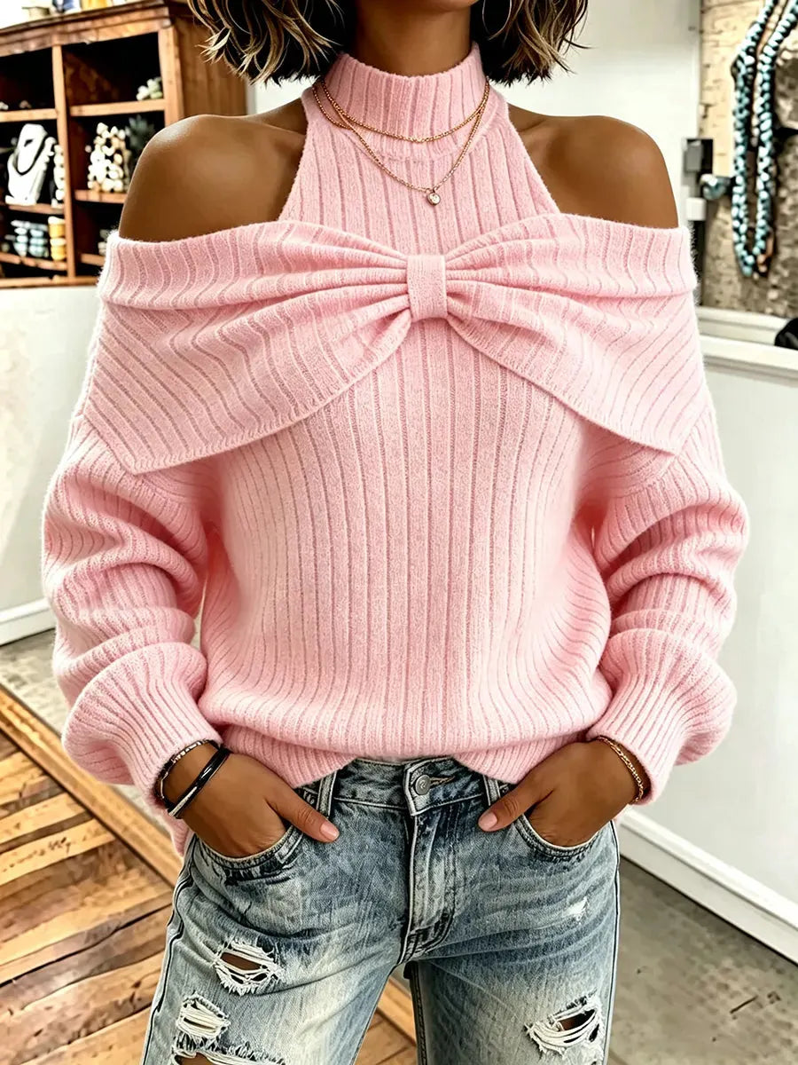 Chic Large Bowknotcold-shoulder Knit Sweater