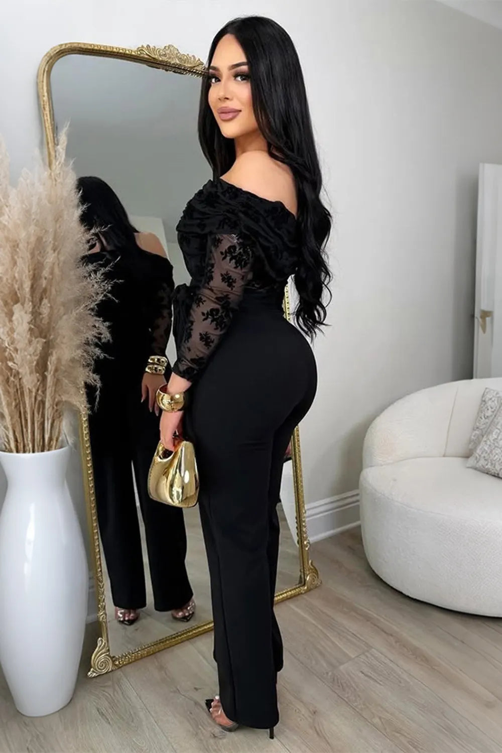 Off Shoulder Long Sleeve Ruffle Leaf Pattern Slim Fit Casual Jumpsuit-Black