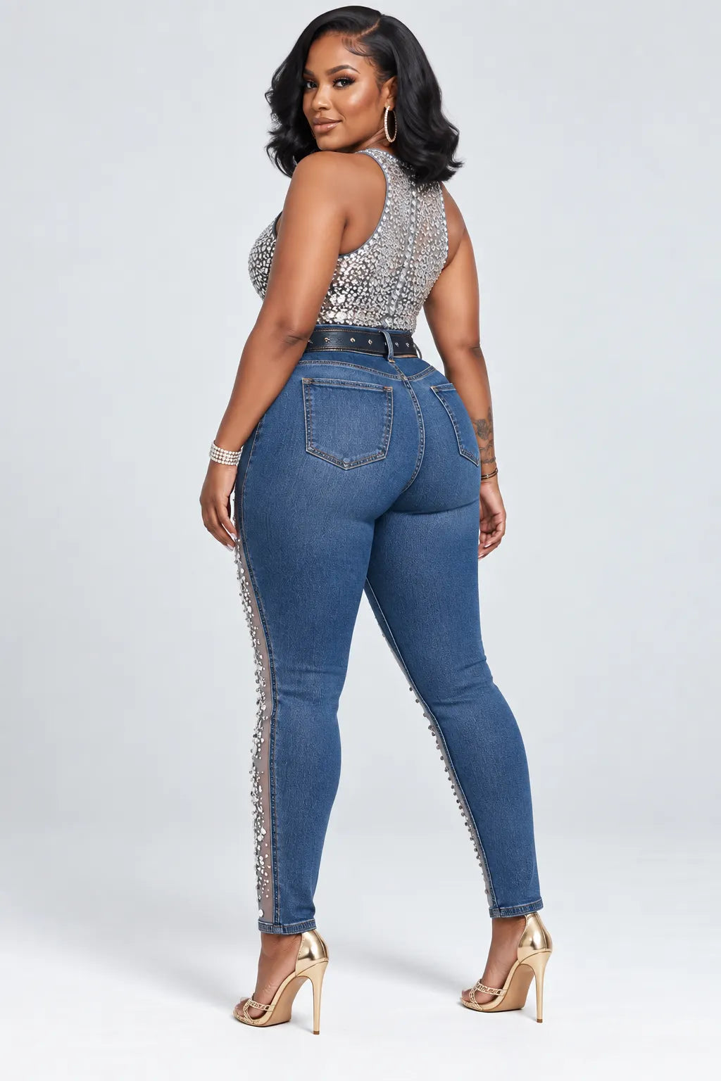 Rhinestone Mesh-Panel High-Waisted Skinny Jeans