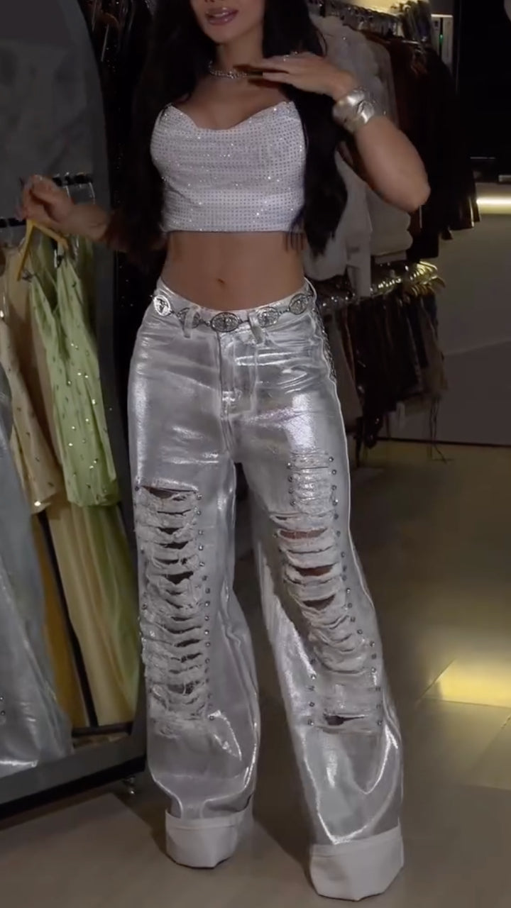 Metallic Distressed Wide-Leg Jeans
