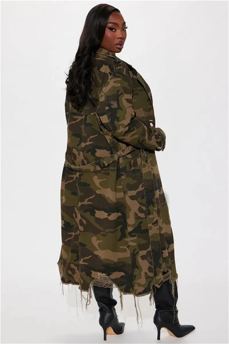 Stylish Women's Camo Long Coat With Edgy Distressed Details