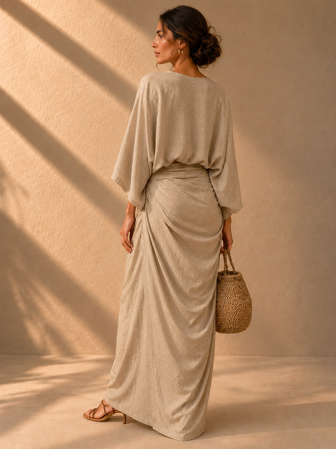 Linen Blend Batwing Top & Wrap Maxi Skirt Two‑Piece Set