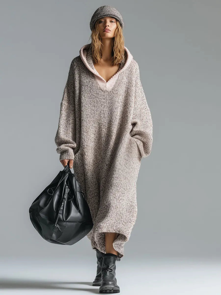 Fashion Loose Retro Trimmed Floral Gray Hooded Knitted Midi Dress