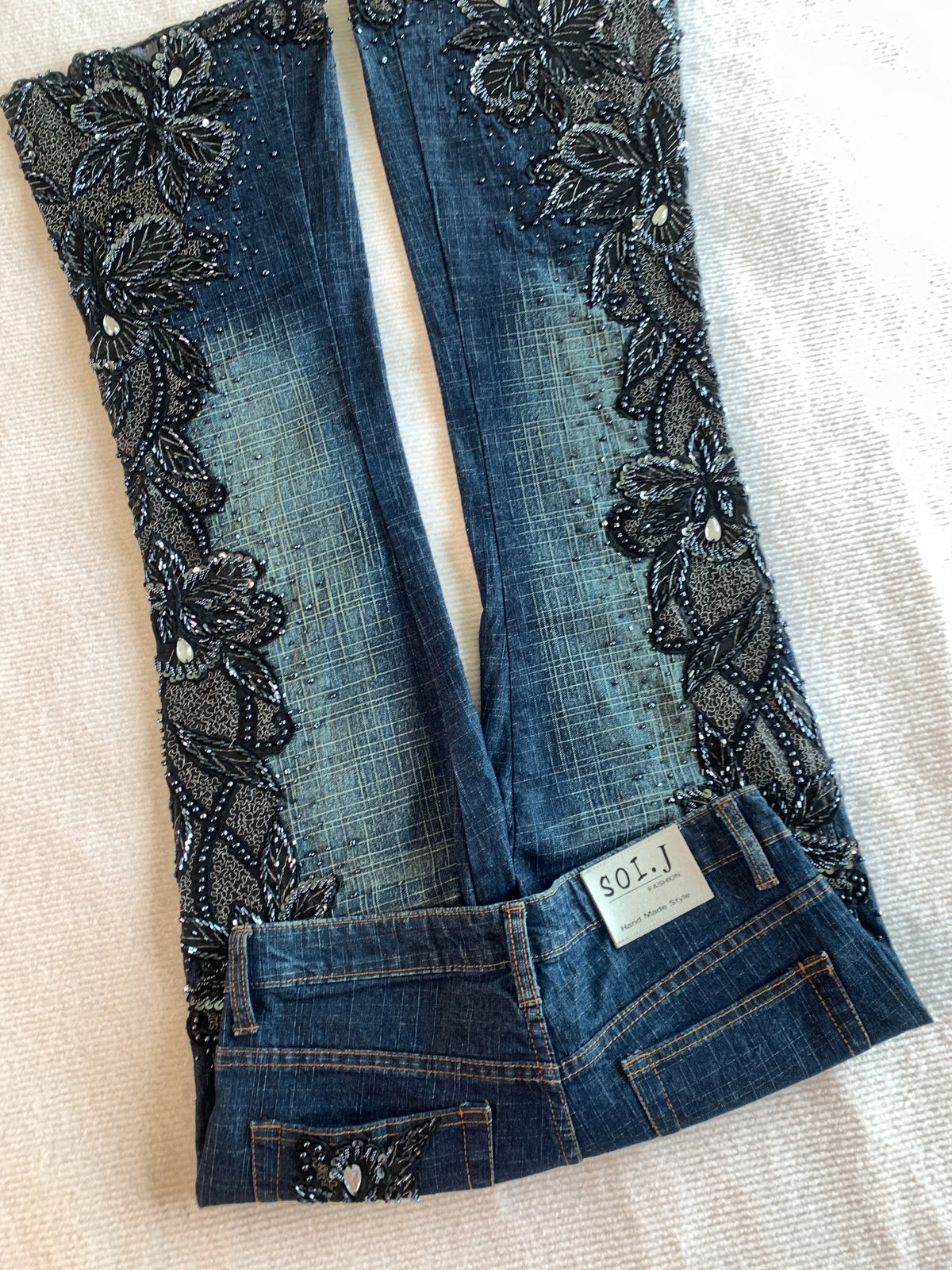 Beaded Floral Embroidery Flare Jeans
