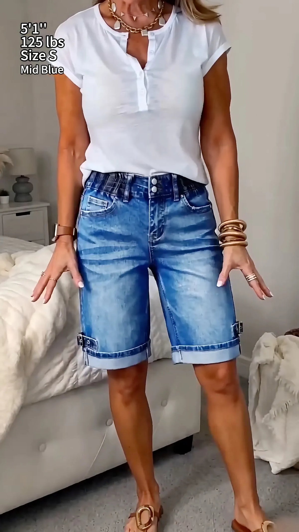 Washed Denim Roll‑Cuff Bermuda Shorts