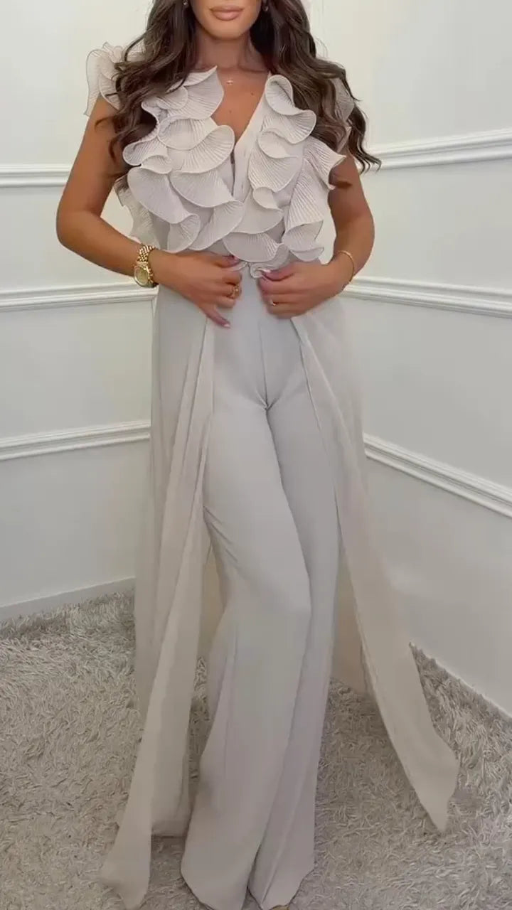 White Ruffle V Neck Jumpsuit With Overlay Skirt
