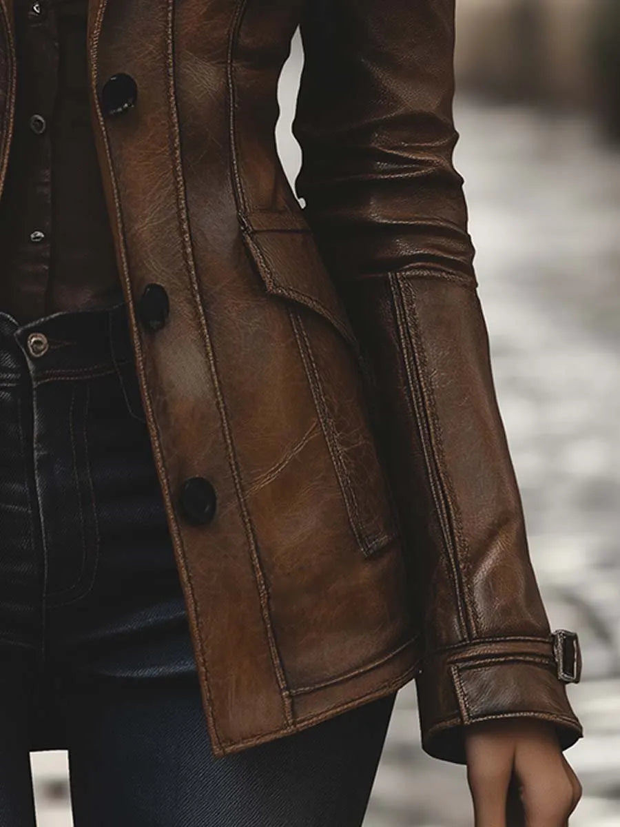 Women's Vintage Lapel Pocket Faux Leather Jacket