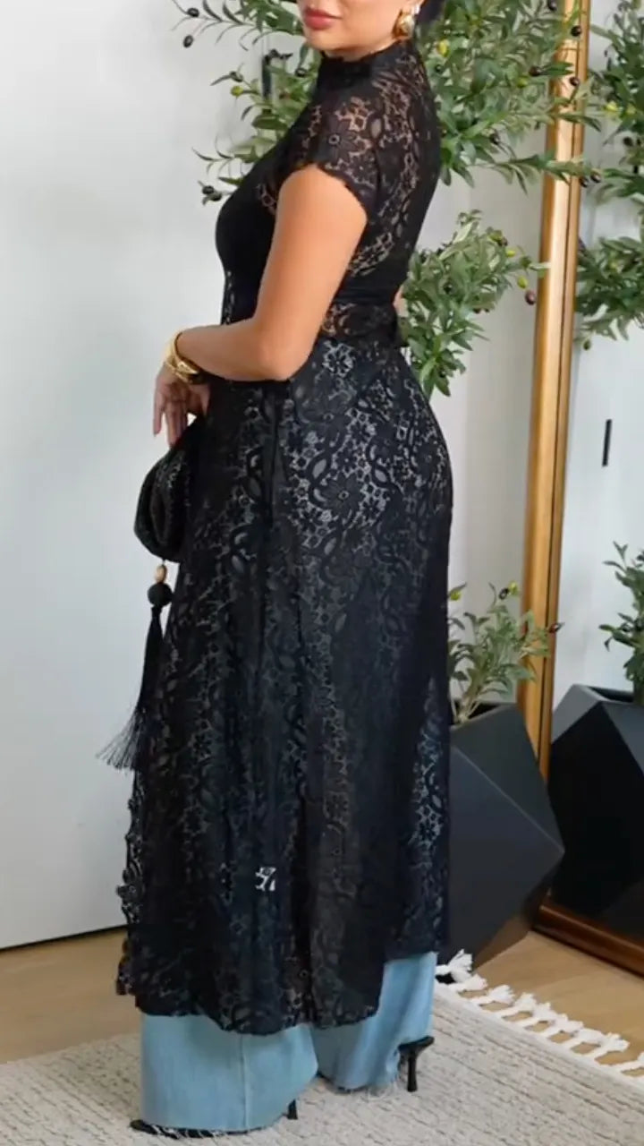 Lace High Neck Short Sleeve Long Cover‑Up