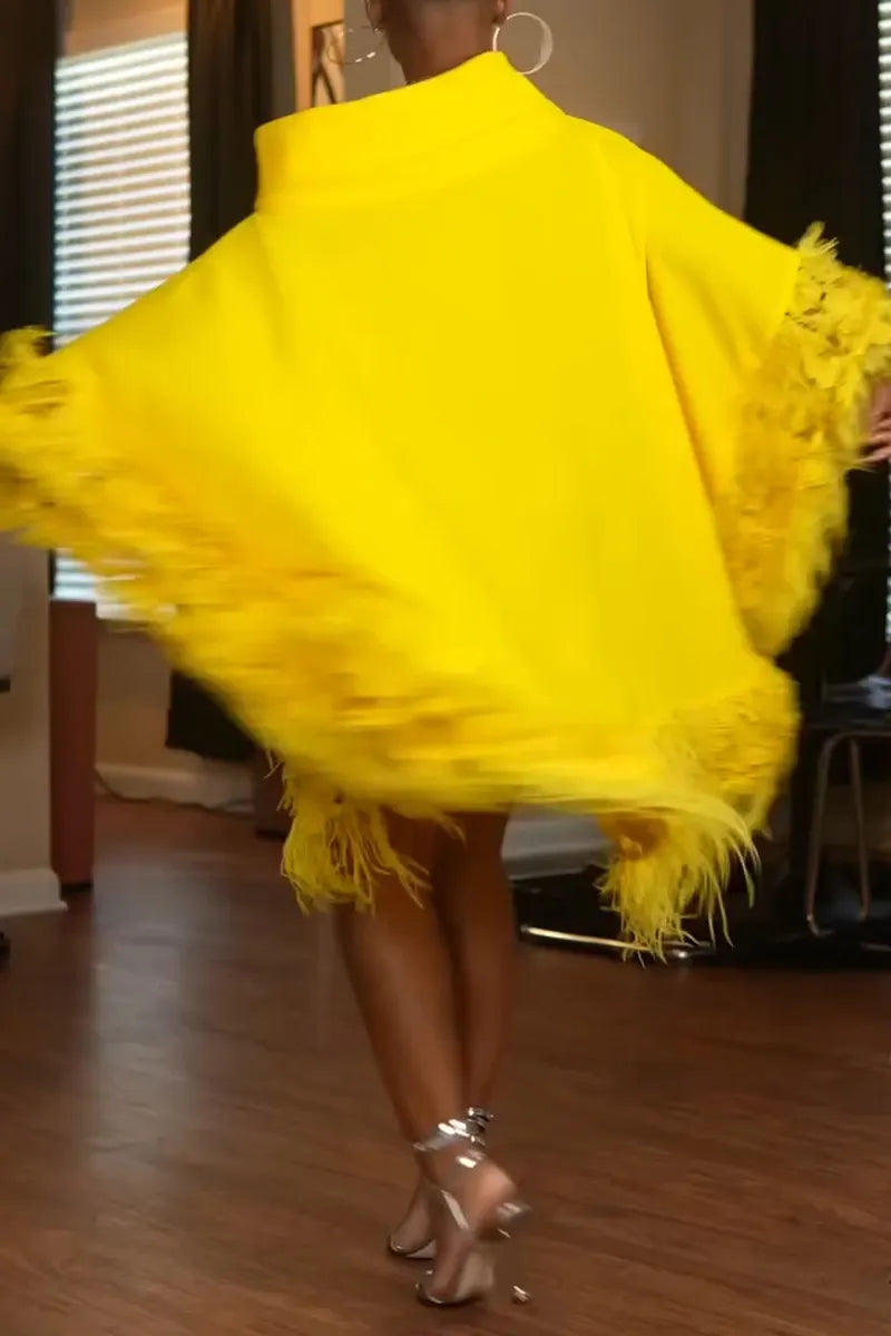 Women's Fashion Asymmetric Neckline Batwing Feather Hem Midi Dress