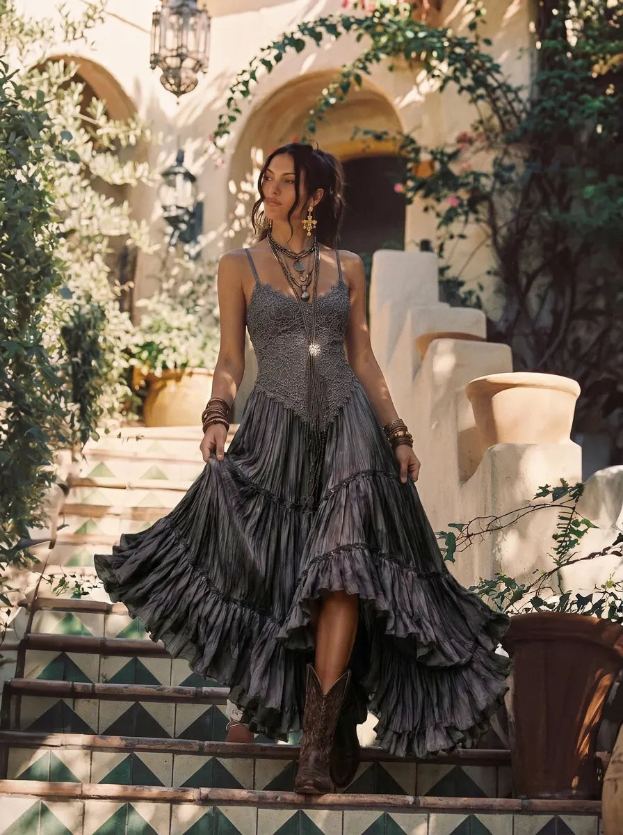 Dark Gray Lace Bodice Tiered Crinkle Maxi Dress