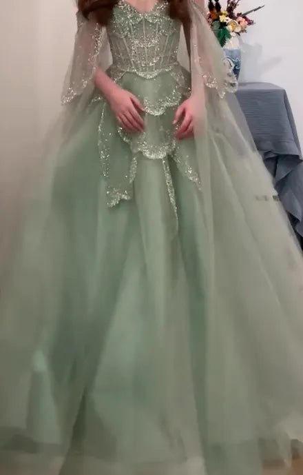 Cocoslly Off-The-Shoulder Sleeveless High Waist Long Prom Dress With Sequins | Dusty Sage Tulle CO0215