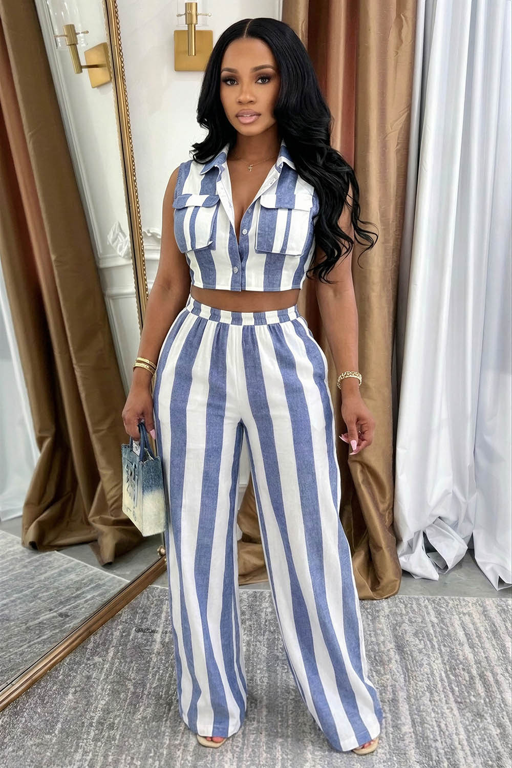 Striped Turndown Collar Sleeveless Top Pants Casual 2pcs Set-Blue