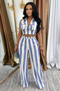 Striped Turndown Collar Sleeveless Top Pants Casual 2pcs Set-Blue