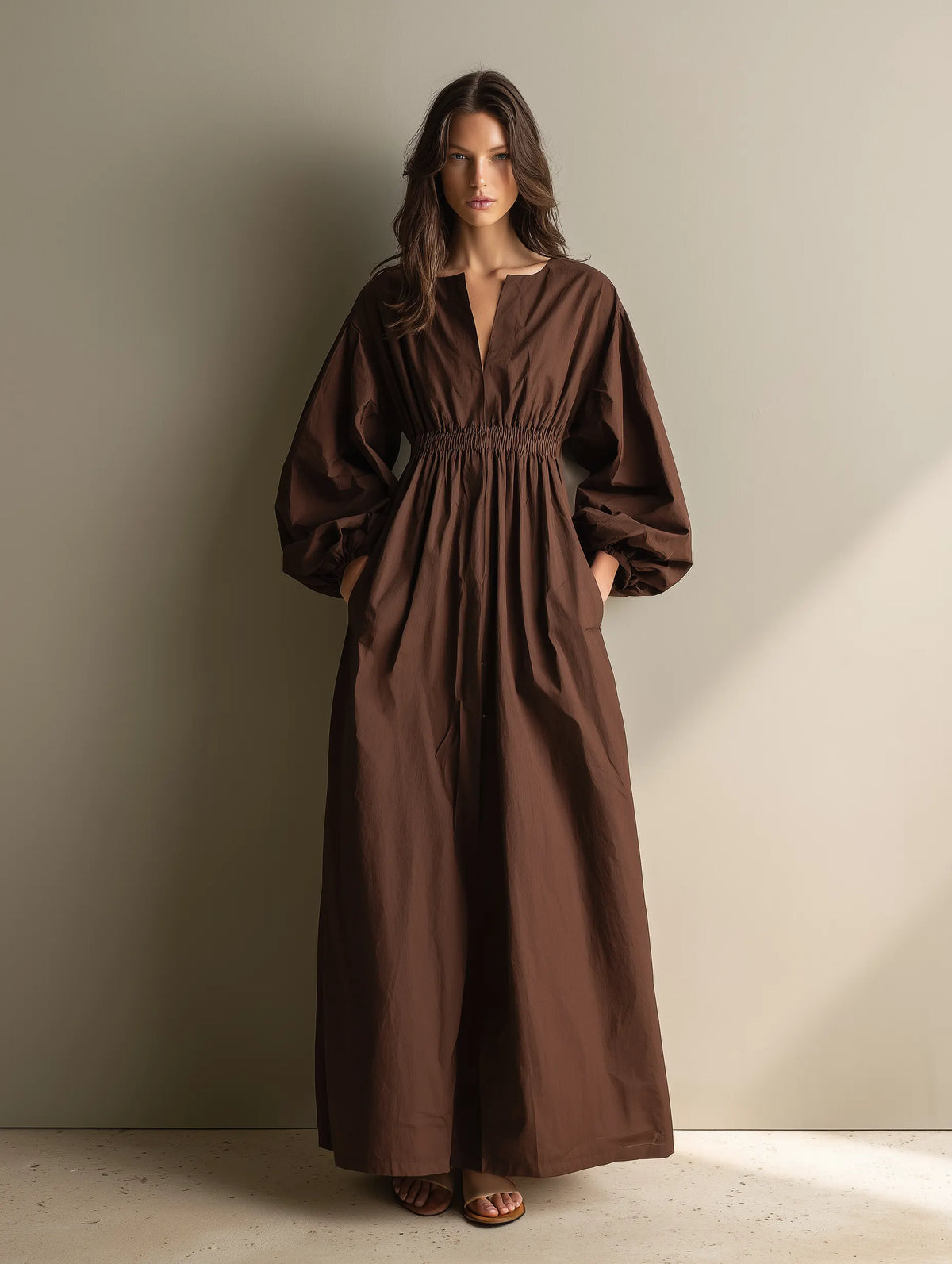 Women's Casual Brown Cotton And Linen V-neck Long-sleeved Maxi Dress With Elastic Waist MDZ1295A0AN