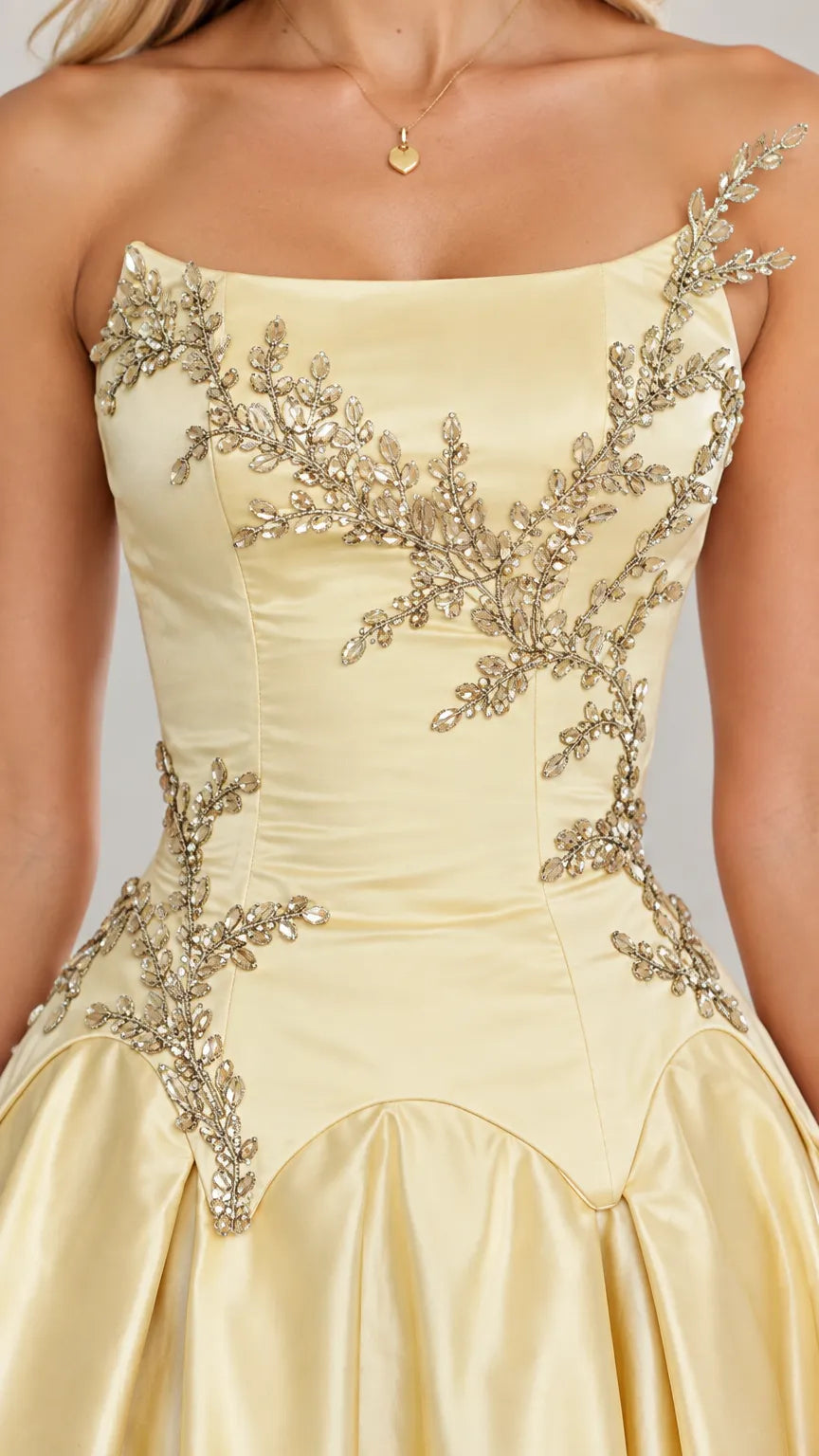 Strapless Beaded Embroidered Basque Waist Satin Formal Ball Gown