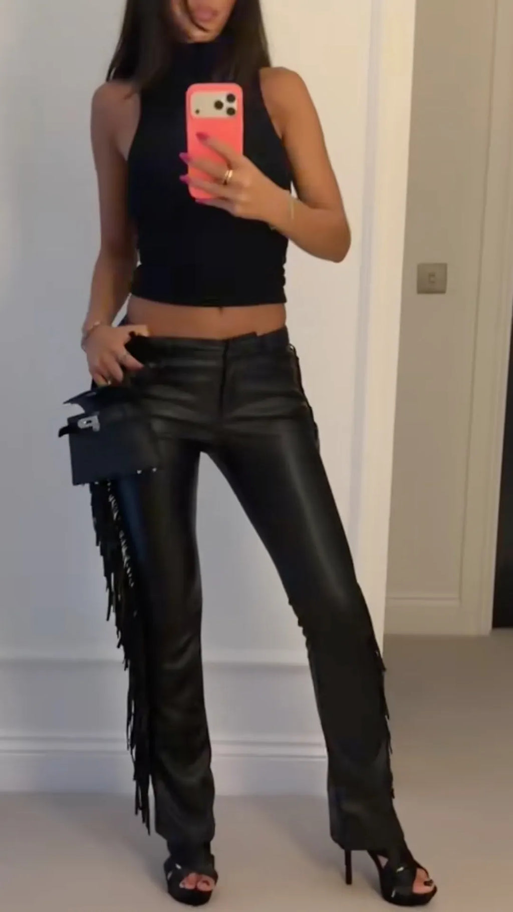 Black Fringe Faux Leather Flare Pants