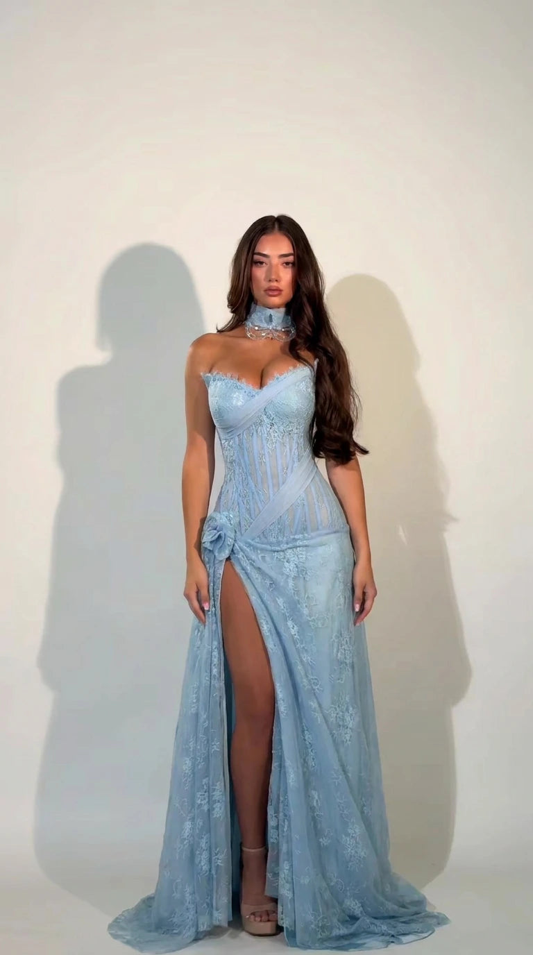 Strapless Lace Boned Corset Evening Gown with Thigh Slit and Choker