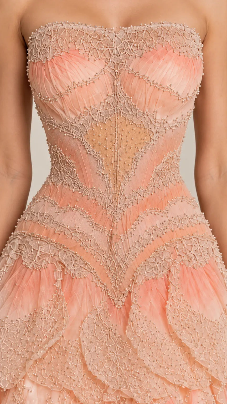 Strapless Beaded Corset Tiered Petal Gown