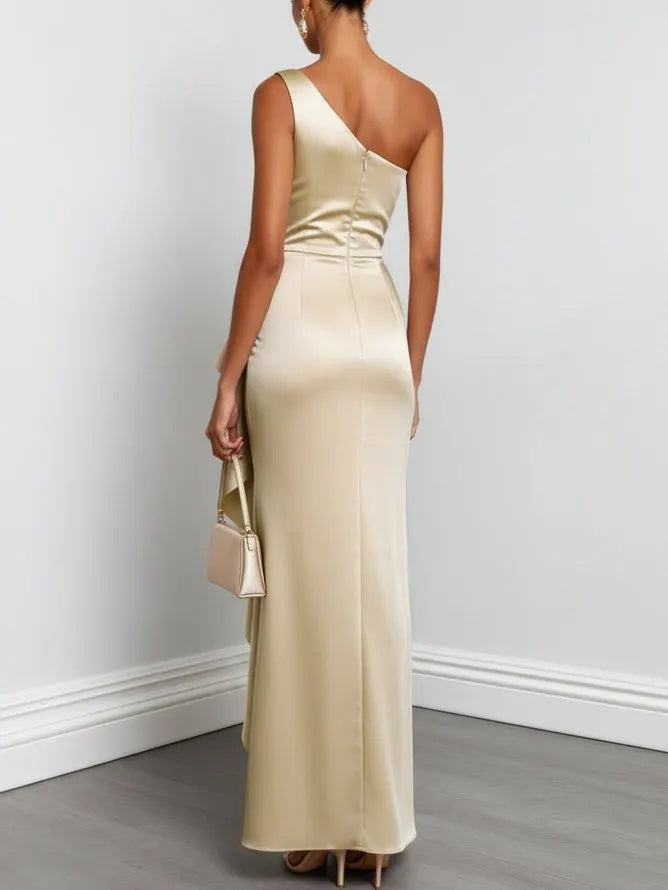 Champagne Ruffled Ruched Satin One Shoulder Sleeveless Sheath Floor-length Gown Dress