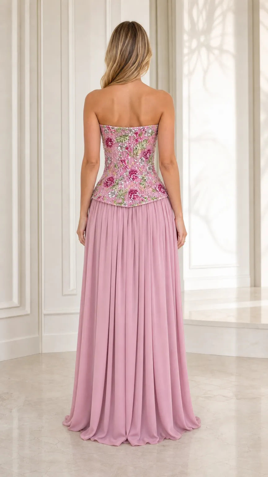 Floral Embroidered Basque Waist Strapless Corset Maxi Gown