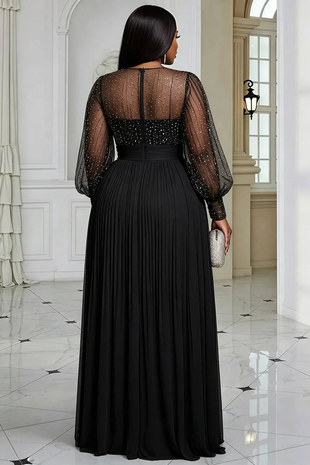 Formal  Round Neck Long Sleeve Split Elegant See Through Sequin Chiffon Maxi Dresses