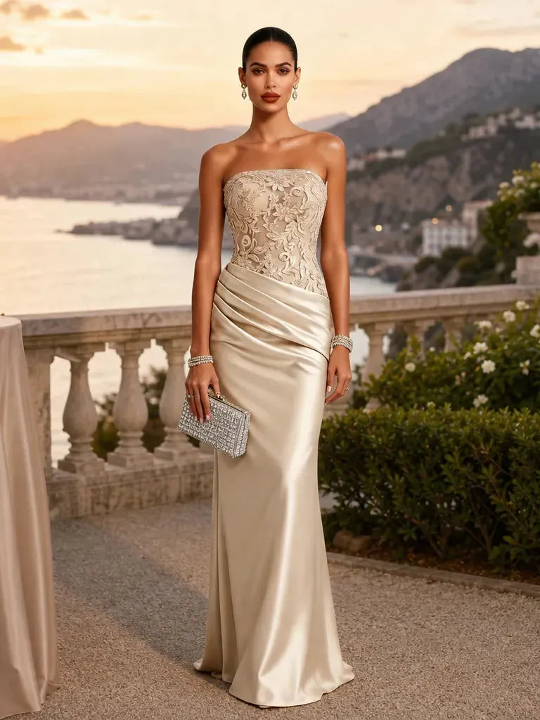 Champagne Lace Jacquard Satin Strapless Sleeveless Mermaid Gown Dress