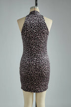 Elegant And Sexy Purple Leopard Print Halter Velvet Mini Dress