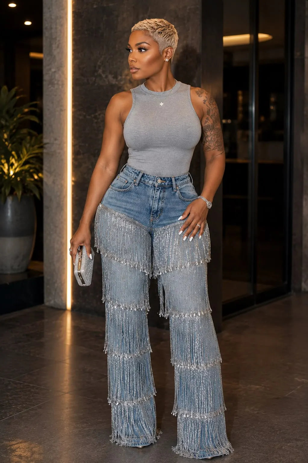 Light Wash Silver Sequin Fringe Wide Leg Jeans