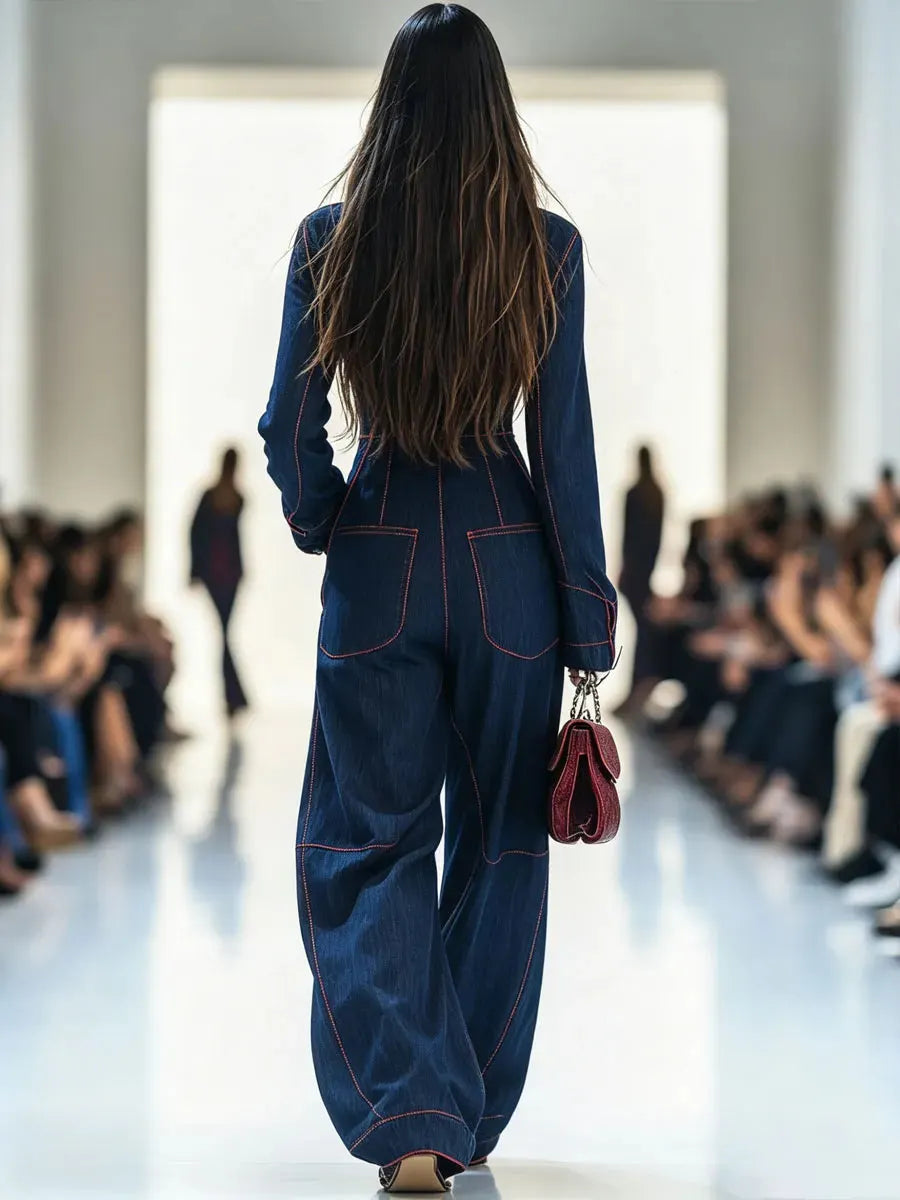 Casual Loose Retro Red Topstitched Denim Wide Leg Long Sleeve Jumpsuit