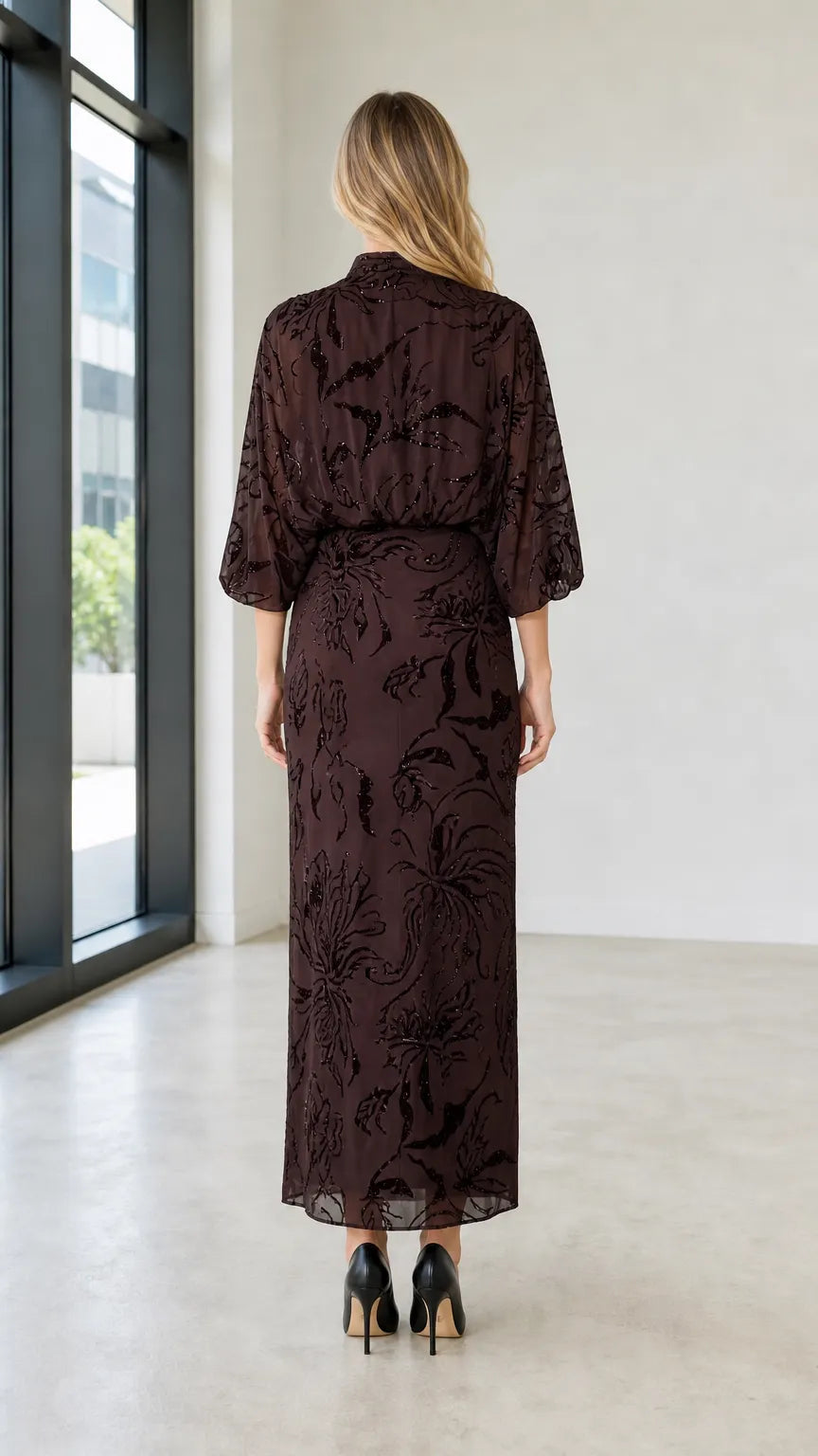 Elegant Mock Neck Sequin Floral Maxi Dress